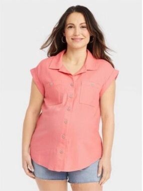 Isabel Maternity by Ingrid & Isabel Womens Size S Coral Linen Blend Button Down